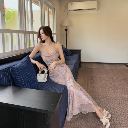 BY16633# 春雾花漾新中式荡领花料吊带鱼尾连衣裙女气质长裙  服裝批發女裝批發服飾貨源