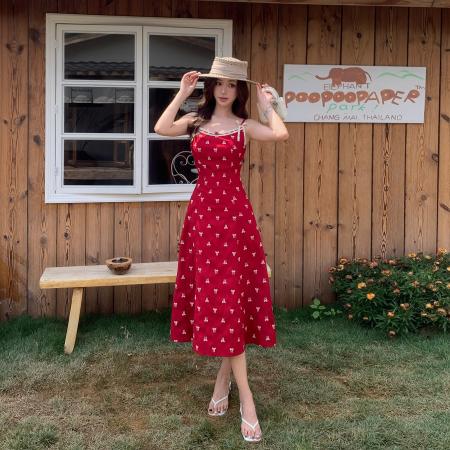 加州盛夏法式复古吊带连衣裙女夏季新款印花蝴蝶结裙子  服裝批發女裝批發服飾貨源