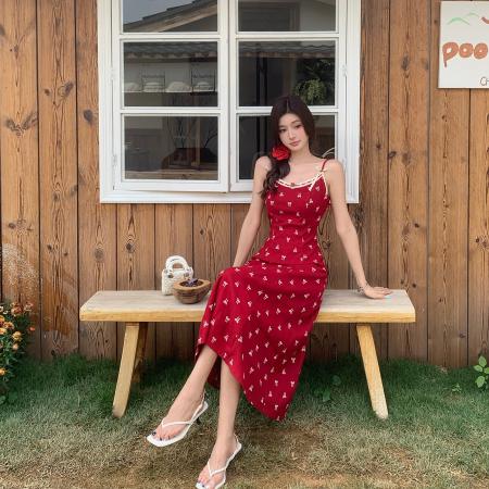 加州盛夏法式复古吊带连衣裙女夏季新款印花蝴蝶结裙子  服裝批發女裝批發服飾貨源