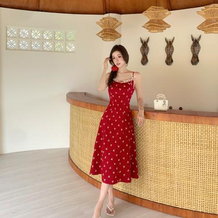 加州盛夏法式复古吊带连衣裙女夏季新款印花蝴蝶结裙子  服裝批發女裝批發服飾貨源