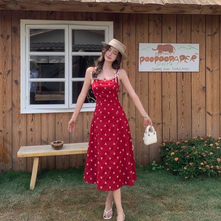 加州盛夏法式复古吊带连衣裙女夏季新款印花蝴蝶结裙子  服裝批發女裝批發服飾貨源