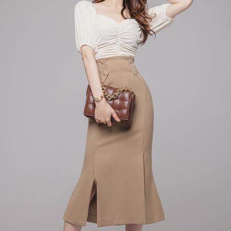 BY16635# 法式温柔风套装女夏方领泡泡袖上衣高腰显瘦鱼尾包臀裙两件套  服裝批發女裝批發服飾貨源