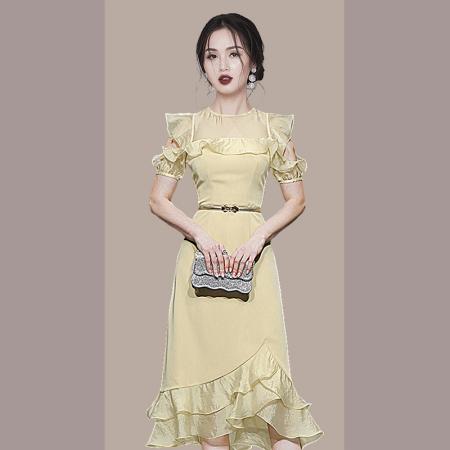 法式黄色连衣裙女夏荷叶边露肩收腰鱼尾裙气质显瘦中长裙  服裝批發女裝批發服飾貨源