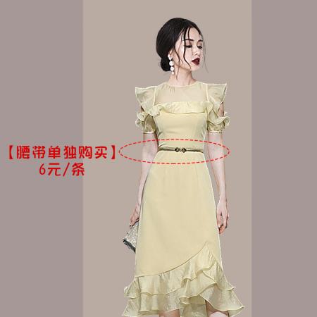 BY16637# 法式黄色连衣裙女夏荷叶边露肩收腰鱼尾裙气质显瘦中长裙  服裝批發女裝批發服飾貨源