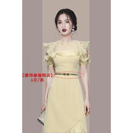 BY16637# 法式黄色连衣裙女夏荷叶边露肩收腰鱼尾裙气质显瘦中长裙  服裝批發女裝批發服飾貨源