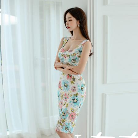 气质印花蕾丝包臀连衣裙女夏季收腰显瘦中长款碎花一步裙  服裝批發女裝批發服飾貨源