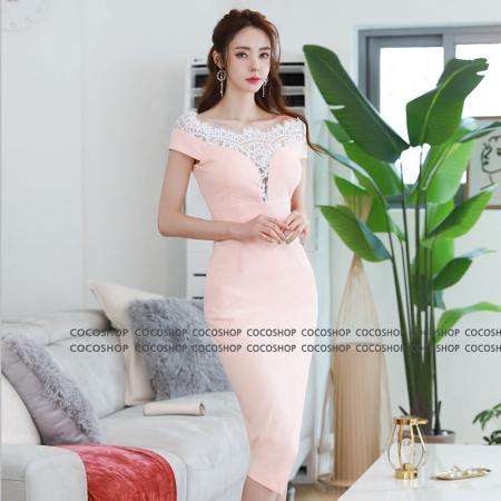 韩版夏季粉色蕾丝网纱连衣裙女收腰显瘦气质包臀中长款礼服裙  服裝批發女裝批發服飾貨源