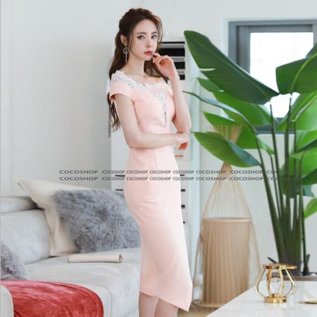 韩版夏季粉色蕾丝网纱连衣裙女收腰显瘦气质包臀中长款礼服裙  服裝批發女裝批發服飾貨源