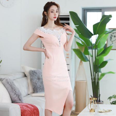 韩版夏季粉色蕾丝网纱连衣裙女收腰显瘦气质包臀中长款礼服裙  服裝批發女裝批發服飾貨源