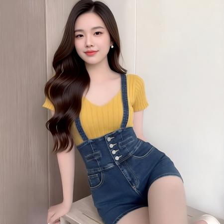 BY16648# 套装女夏季搭配一整套两件套黄色V领针织衫上衣+背带牛仔短裤