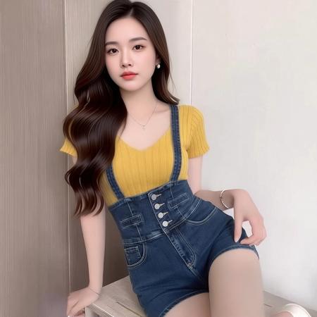 BY16648# 套装女夏季搭配一整套两件套黄色V领针织衫上衣+背带牛仔短裤