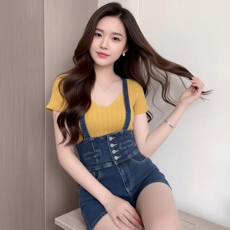 BY16648# 套装女夏季搭配一整套两件套黄色V领针织衫上衣+背带牛仔短裤