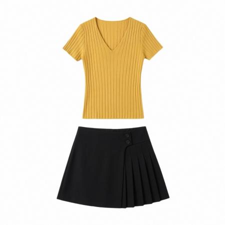 BY16649# 套装女夏季搭配一整套两件套V领黄色针织上衣+黑色半身裙