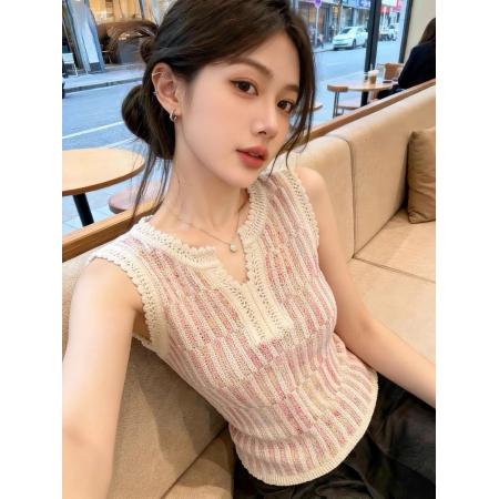 BY16660# 自留款推荐甜美风粉色镂空针织背心女夏季新款显瘦薄款外穿上衣