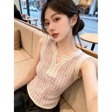BY16660# 自留款推荐甜美风粉色镂空针织背心女夏季新款显瘦薄款外穿上衣