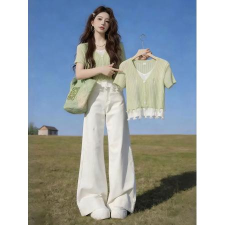 BY16662# 绿色假两件修身内搭打底针织衫女春季巨好看慵懒松弛绝美上