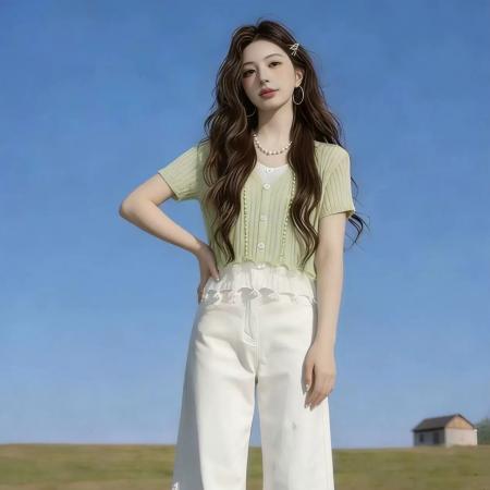 BY16662# 绿色假两件修身内搭打底针织衫女春季巨好看慵懒松弛绝美上