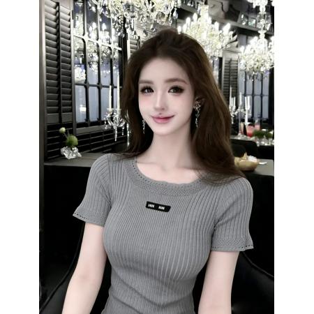 BY16663# 轻熟法式风字母贴布圆领镂空花边短袖针织衫显瘦上衣