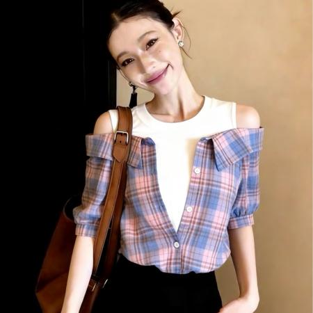BY16669# ～露肩衬衫女假两件夏季新款格子背心上衣