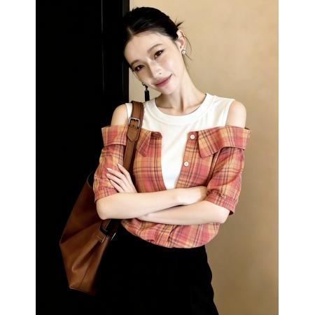 BY16669# ～露肩衬衫女假两件夏季新款格子背心上衣