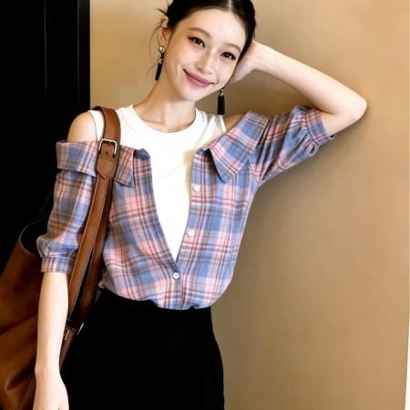 BY16669# ～露肩衬衫女假两件夏季新款格子背心上衣