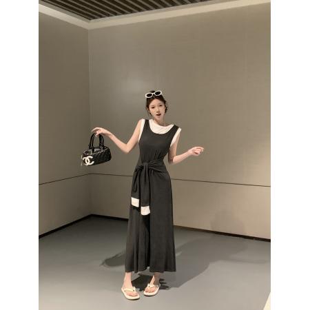 BY16672# 夏季灰色吊带连衣裙子女新款特别独特漂亮掐腰假两件