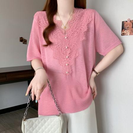 夏季新款大码韩系钩花蕾丝花边短袖V领针织短袖T恤