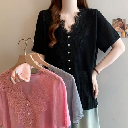 夏季新款大码韩系钩花蕾丝花边短袖V领针织短袖T恤