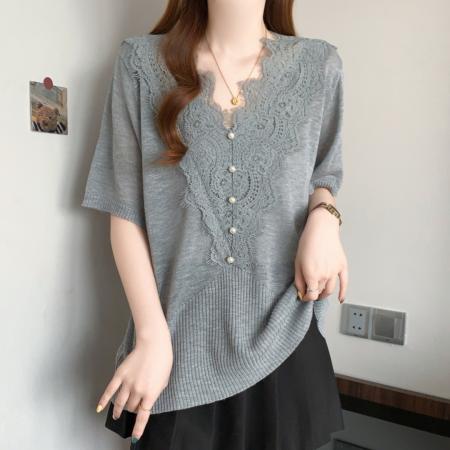 夏季新款大码韩系钩花蕾丝花边短袖V领针织短袖T恤