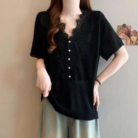 夏季新款大码韩系钩花蕾丝花边短袖V领针织短袖T恤
