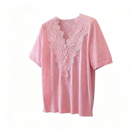 夏季新款大码韩系钩花蕾丝花边短袖V领针织短袖T恤