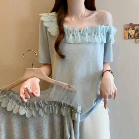 夏装新款大码时尚设计感花朵针织圆领t恤打底衫上衣