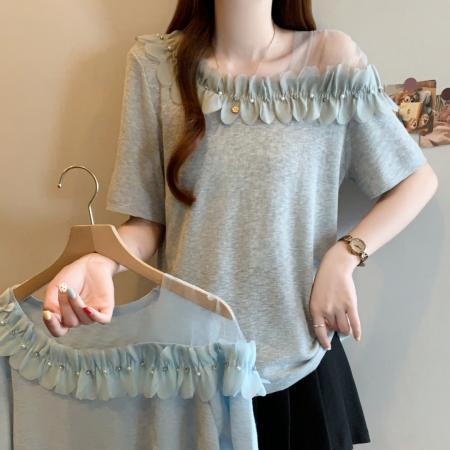 夏装新款大码时尚设计感花朵针织圆领t恤打底衫上衣