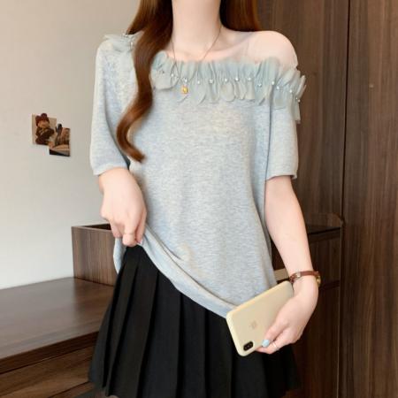 夏装新款大码时尚设计感花朵针织圆领t恤打底衫上衣