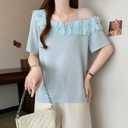 夏装新款大码时尚设计感花朵针织圆领t恤打底衫上衣