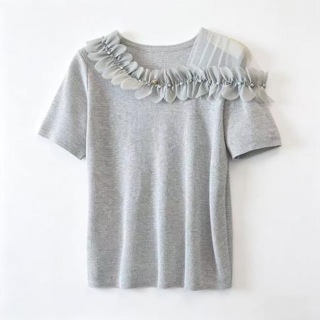 夏装新款大码时尚设计感花朵针织圆领t恤打底衫上衣