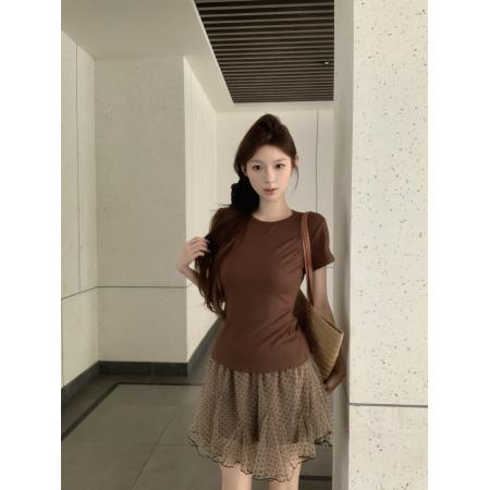 BY16676# 不减价咖色正肩短袖T恤女装夏季波点半身裙网纱蓬蓬裙两件套