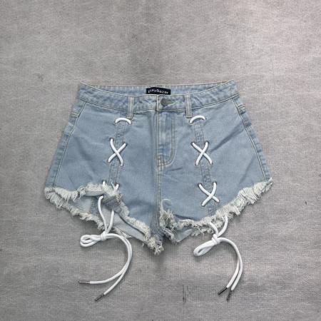 BY16678# 毛边牛仔短裤女夏季新款绑带高腰显瘦辣妹a字时尚浅色热裤