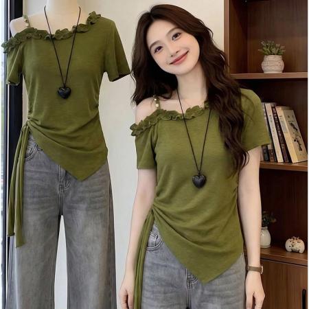 大码斜肩绿色短袖T恤女新款爆款夏季大码胖收腰不规则上衣