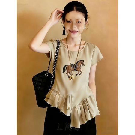 BY16680# 大码不规则设计简约卡其色上衣女夏季新款轻奢百搭小众衬衣