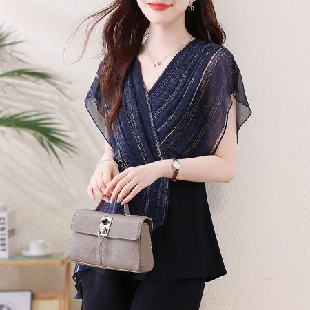 大码雪纺短袖上衣夏季新款胖MM修身显瘦简约韩版V领小衫