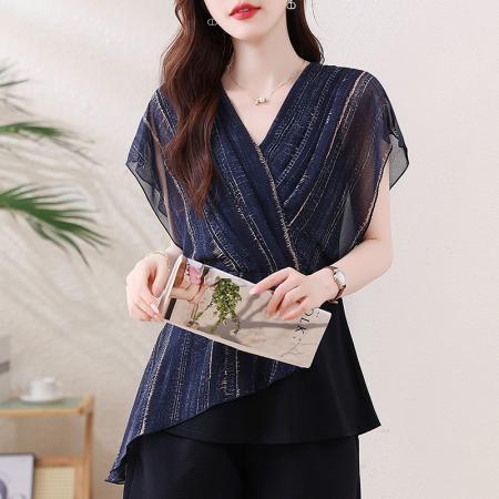 大码雪纺短袖上衣夏季新款胖MM修身显瘦简约韩版V领小衫