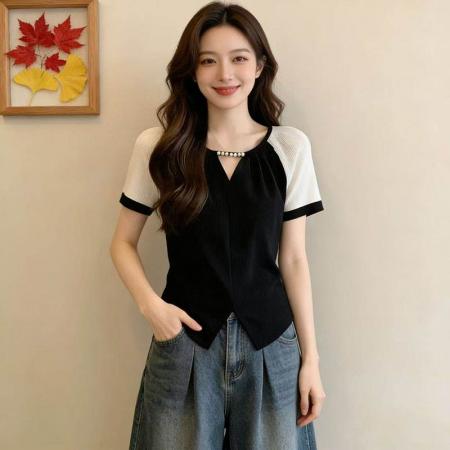 酷丝爽棉螺纹大码高级感钉珠短袖显瘦女夏新款上衣