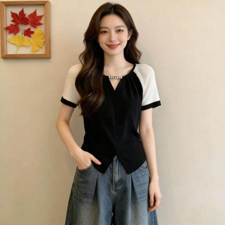 酷丝爽棉螺纹大码高级感钉珠短袖显瘦女夏新款上衣