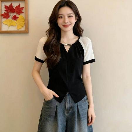 酷丝爽棉螺纹大码高级感钉珠短袖显瘦女夏新款上衣