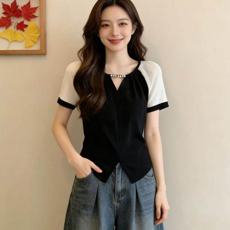 酷丝爽棉螺纹大码高级感钉珠短袖显瘦女夏新款上衣