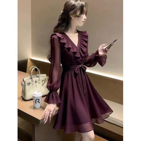 BY16685# 特别漂亮掐腰小裙子小众简约不撞款法式小资气质紫色雪纺连衣裙女