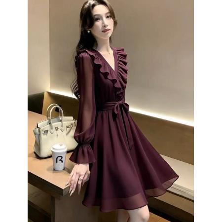 BY16685# 特别漂亮掐腰小裙子小众简约不撞款法式小资气质紫色雪纺连衣裙女
