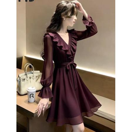 BY16685# 特别漂亮掐腰小裙子小众简约不撞款法式小资气质紫色雪纺连衣裙女