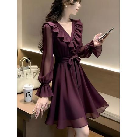 BY16685# 特别漂亮掐腰小裙子小众简约不撞款法式小资气质紫色雪纺连衣裙女